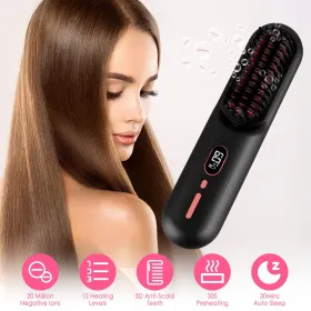 Cordless Negative Ion Hair Straightener Brush Rechargeable Mini Styling Comb With 12 Heating Levels Anti-scald 30S Preheating 30Mins Auto Sleep L (Option: Black)