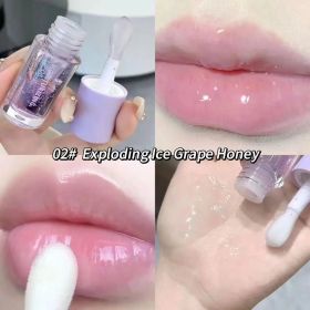 Water Light Lip Gloss Moisturizer Transparent Jelly Mirror Fruit Crystal Lip Oil Clear Hydrating Plumping Korean Lip Care Makeup (Color: 02-Grape Purple)